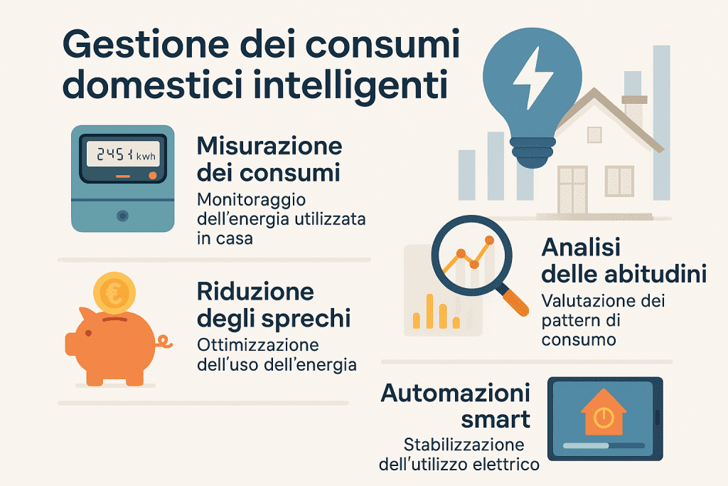 nfografica in stile premium sui consumi domestici intelligenti che mostra come monitorare e ottimizzare l’energia in casa attraverso misurazione dei consumi, analisi delle abitudini, riduzione degli sprechi e automazioni smart per stabilizzare l’uso elettrico.