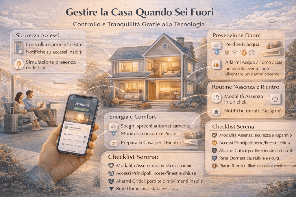 Infografica sulla gestione della casa quando si è fuori: monitoraggio remoto di sicurezza, consumi, illuminazione e impianti domestici tramite tecnologia intelligente, con icone di casa, smartphone e controlli automatizzati.