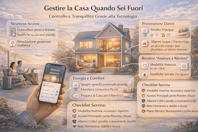 Infografica sulla gestione della casa quando si è fuori: monitoraggio remoto di sicurezza, consumi, illuminazione e impianti domestici tramite tecnologia intelligente, con icone di casa, smartphone e controlli automatizzati.