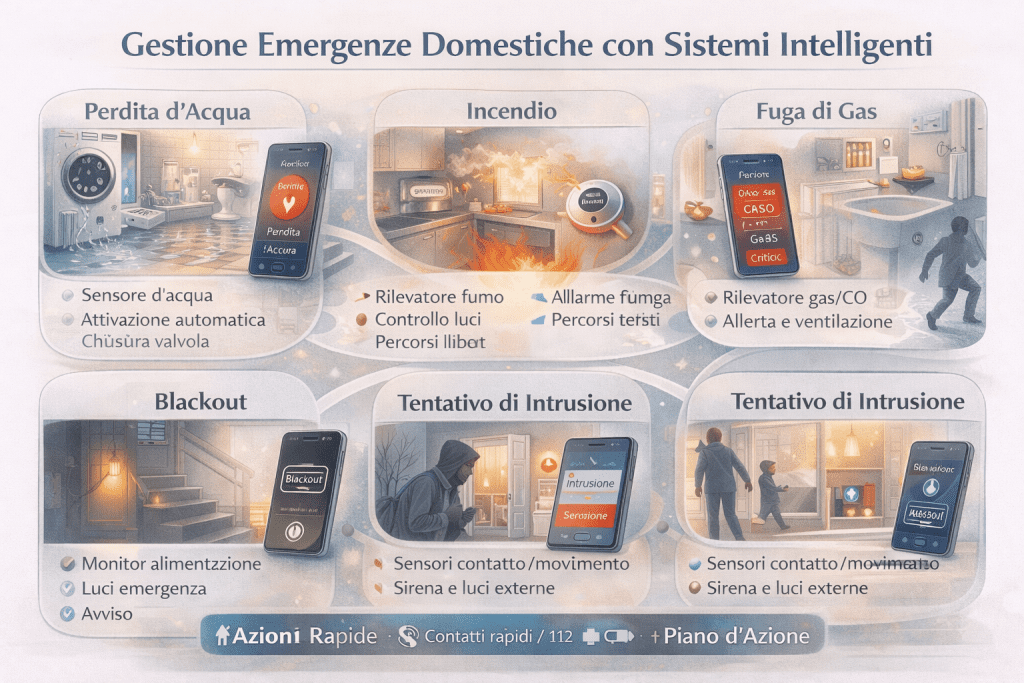 Infografica sulla gestione delle emergenze domestiche con sistemi intelligenti: sensori di fumo e gas, rilevamento perdite d’acqua, notifiche automatiche, scenari di sicurezza e controllo remoto della casa.