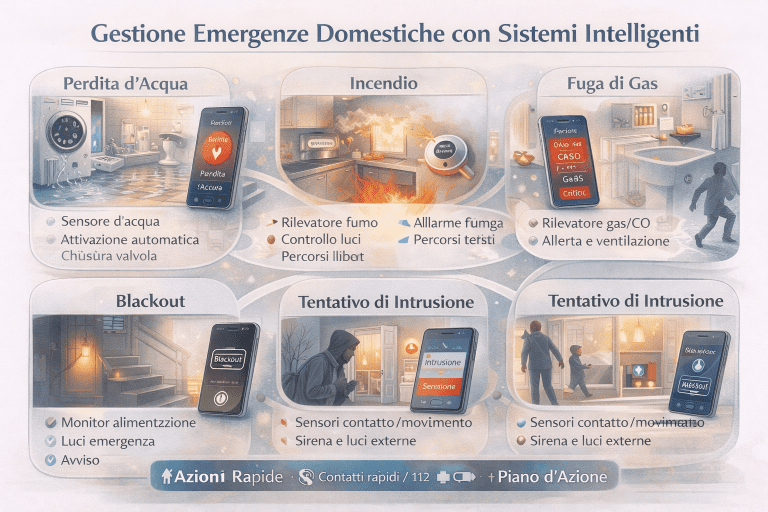 Infografica sulla gestione delle emergenze domestiche con sistemi intelligenti: sensori di fumo e gas, rilevamento perdite d’acqua, notifiche automatiche, scenari di sicurezza e controllo remoto della casa.