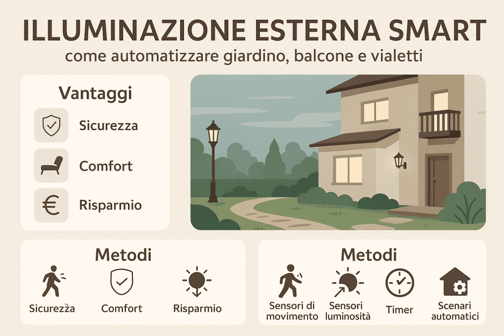 Infografica sull’illuminazione esterna smart che spiega come automatizzare giardino, balcone e vialetti. Mostra i vantaggi principali – sicurezza, comfort e risparmio energetico – e i metodi di gestione come sensori di movimento, sensori di luminosità, timer e scenari automatici. L’immagine raffigura una casa con luci esterne intelligenti attive lungo il vialetto e sulle facciate, in stile premium e colori chiari.