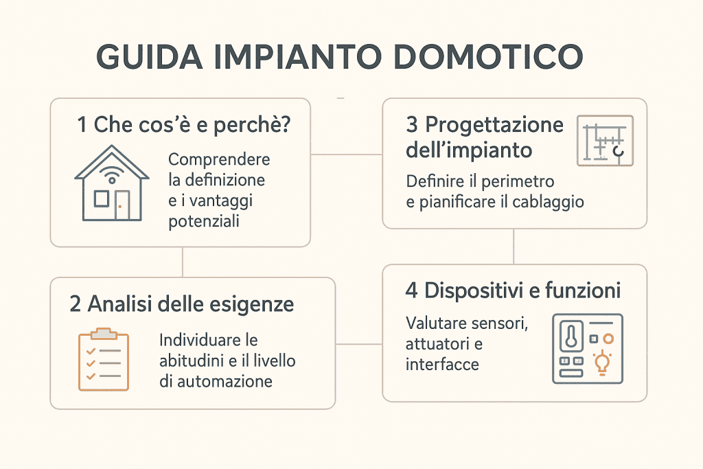 Infografica premium 1536×1024 sui passaggi fondamentali per progettare un impianto domotico: definizione e vantaggi, analisi delle esigenze, progettazione dell’impianto e valutazione di dispositivi e funzioni. Stile moderno, colori chiari, icone professionali.