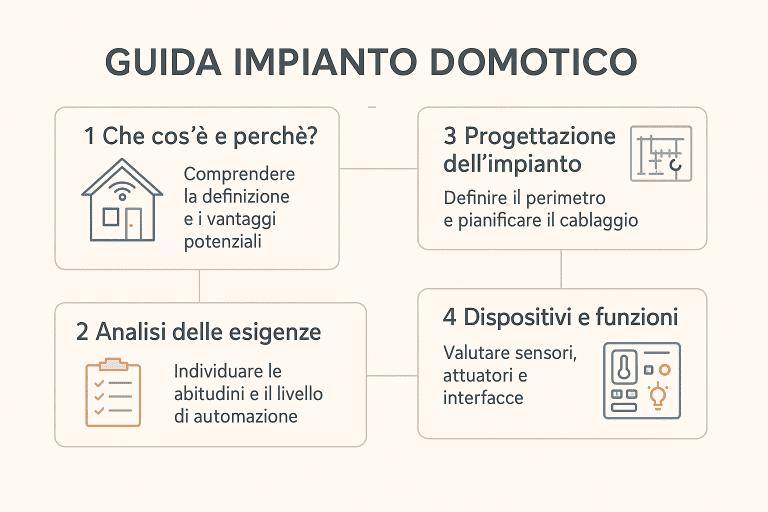 Infografica premium 1536×1024 sui passaggi fondamentali per progettare un impianto domotico: definizione e vantaggi, analisi delle esigenze, progettazione dell’impianto e valutazione di dispositivi e funzioni. Stile moderno, colori chiari, icone professionali.