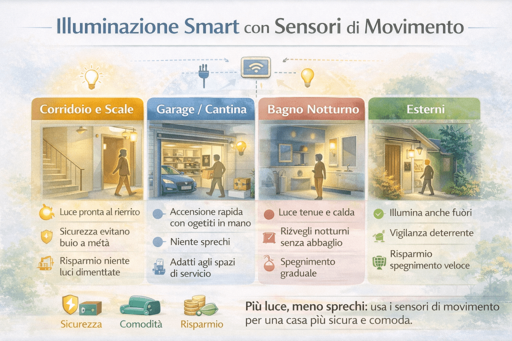 Infografica in stile premium dai colori chiari che illustra l’illuminazione smart con sensori di movimento in ambito domestico. L’immagine mostra una casa con diverse stanze (ingresso, corridoio, bagno, garage e spazi esterni) dove le luci si accendono automaticamente al passaggio delle persone. Sono evidenziati i benefici principali: risparmio energetico, maggiore sicurezza, comfort quotidiano e automazioni intelligenti basate sulla presenza. Testo in italiano, layout pulito e moderno, con icone intuitive che rappresentano sensori, lampade e flussi di movimento.