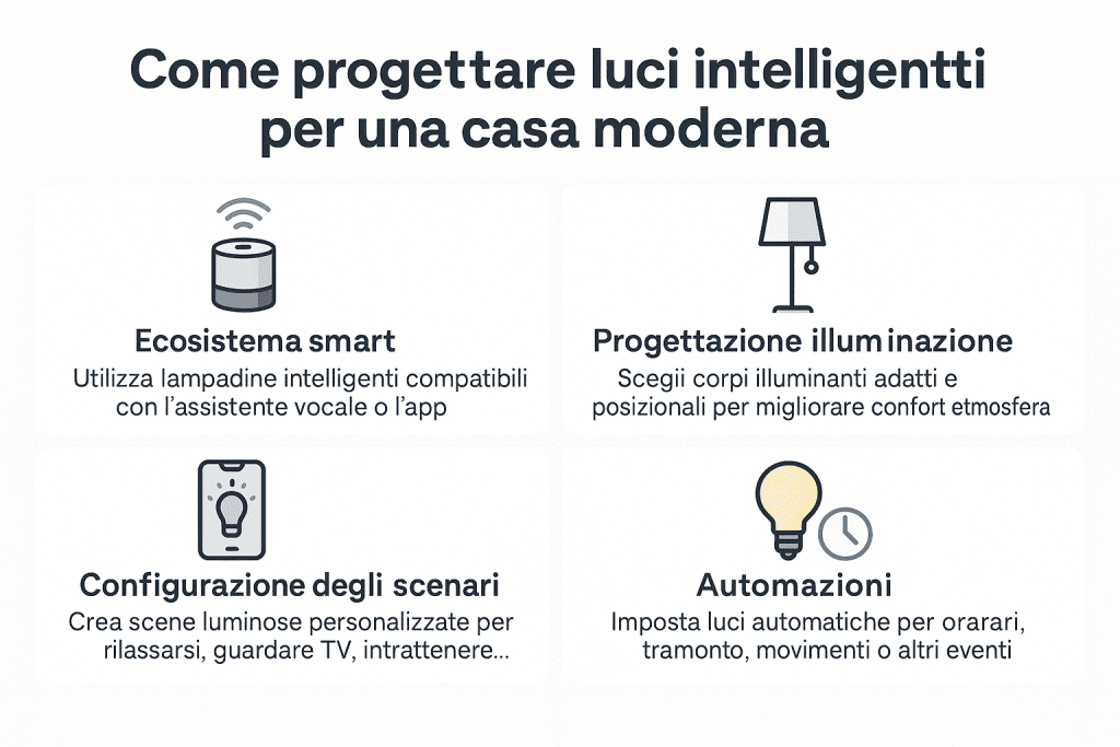 Infografica 1536×1024 in stile premium dai colori chiari, intitolata “Come progettare luci intelligenti per una casa moderna”. Mostra quattro sezioni: ecosistema smart, progettazione illuminazione, configurazione degli scenari e automazioni. Ogni sezione include icone moderne e testo chiaro che illustra come scegliere lampadine intelligenti, progettare i punti luce, creare scene luminose e impostare automazioni. Design pulito, professionale e coerente con l’estetica della smart home.