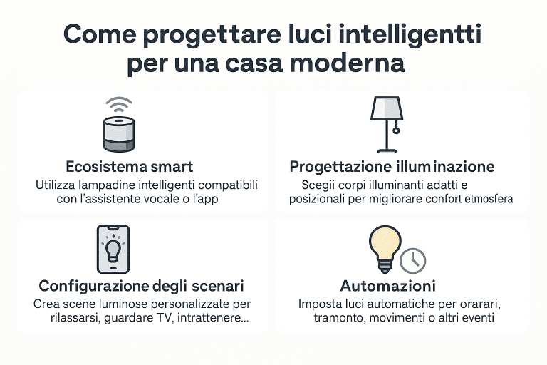 Infografica 1536×1024 in stile premium dai colori chiari, intitolata “Come progettare luci intelligenti per una casa moderna”. Mostra quattro sezioni: ecosistema smart, progettazione illuminazione, configurazione degli scenari e automazioni. Ogni sezione include icone moderne e testo chiaro che illustra come scegliere lampadine intelligenti, progettare i punti luce, creare scene luminose e impostare automazioni. Design pulito, professionale e coerente con l’estetica della smart home.