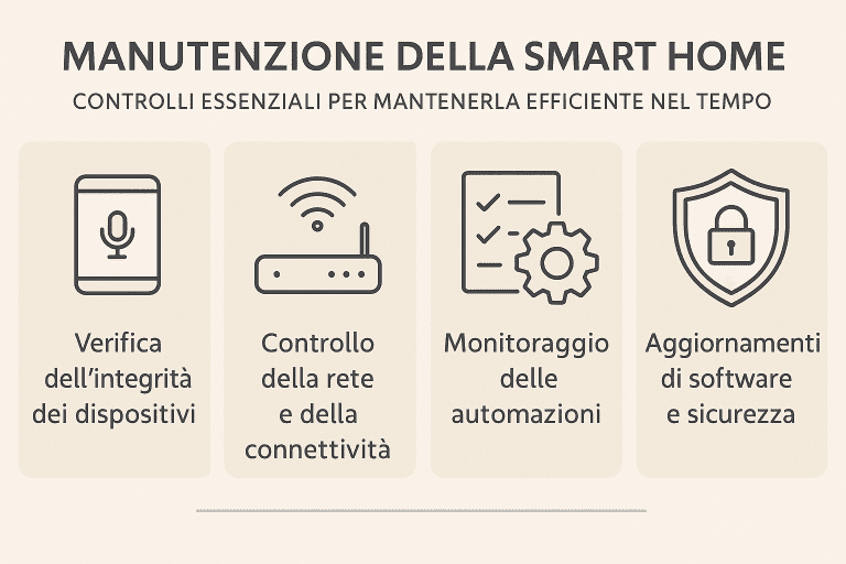 Infografica 1536×1024 in stile premium dai colori chiari intitolata “Manutenzione della Smart Home”. Rappresenta i controlli essenziali per mantenere efficiente una casa intelligente nel tempo: verifica dei dispositivi smart, controllo della rete WiFi, aggiornamenti software, gestione delle automazioni, sostituzione delle batterie dei sensori e backup delle configurazioni. Layout professionale con icone moderne e stile pulito.