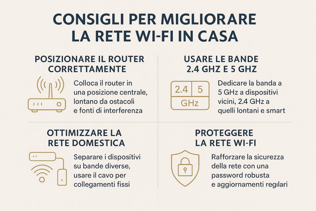Infografica 1536×1024 in stile premium dai colori chiari intitolata “Consigli per Migliorare la Rete Wi-Fi in Casa”. Mostra quattro sezioni: posizionare correttamente il router, usare le bande 2.4 e 5 GHz, ottimizzare la rete domestica separando dispositivi e usando il cavo per postazioni fisse, proteggere la rete Wi-Fi con password robuste e aggiornamenti regolari. Layout moderno, icone minimal e design professionale.