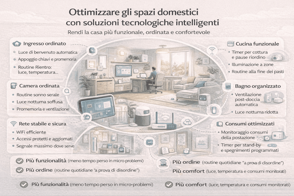 Infografica sulla ottimizzazione degli spazi domestici con la tecnologia: ambienti di una casa moderna organizzati in modo intelligente, con soluzioni smart per rendere gli spazi più funzionali, ordinati e adattabili alle esigenze quotidiane.
