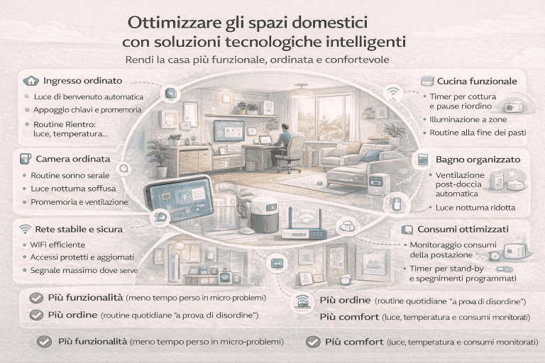 Infografica sulla ottimizzazione degli spazi domestici con la tecnologia: ambienti di una casa moderna organizzati in modo intelligente, con soluzioni smart per rendere gli spazi più funzionali, ordinati e adattabili alle esigenze quotidiane.