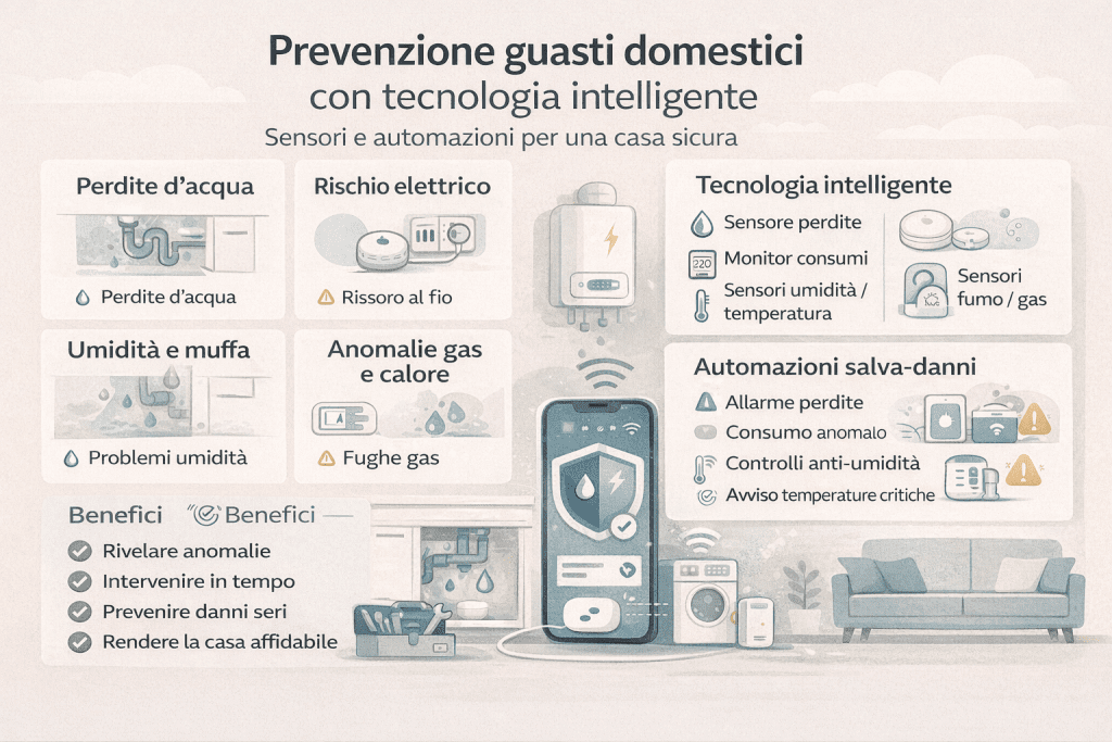 Infografica “Prevenzione guasti domestici con tecnologia intelligente” con icone e sezioni su perdite d’acqua, rischio elettrico, umidità e muffa, anomalie gas e calore; include elenco di sensori utili, automazioni salva-danni e benefici come rilevare anomalie e prevenire danni seri.