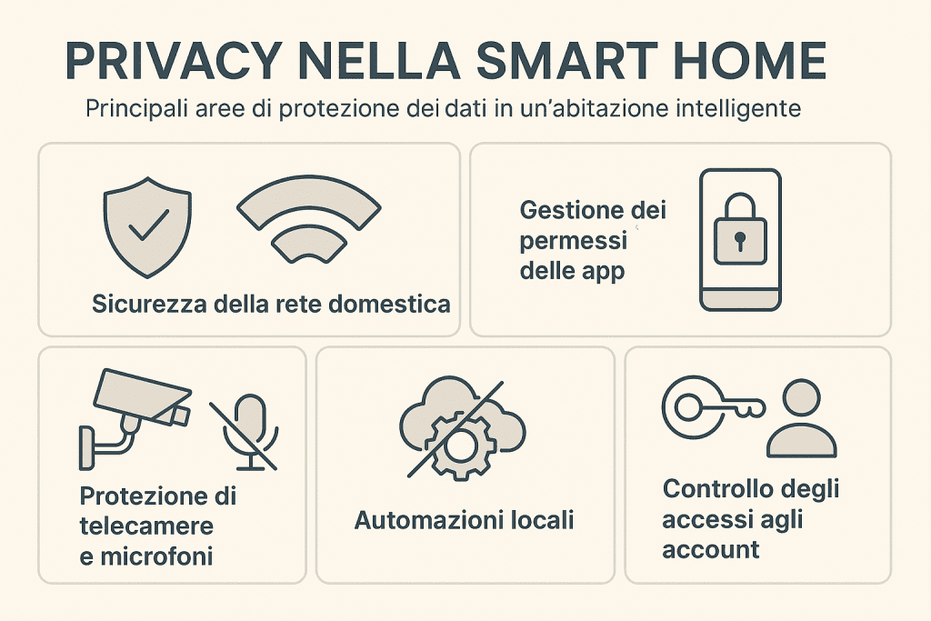 Infografica 1536×1024 in stile premium dai colori chiari intitolata “Privacy nella Smart Home”. Mostra le principali aree di protezione dei dati in una casa intelligente: sicurezza della rete domestica, gestione dei permessi delle app, protezione di telecamere e microfoni, automazioni locali per ridurre la dipendenza dal cloud e controllo degli accessi agli account. Design moderno, icone professionali e layout pulito orientato alla tutela della privacy.