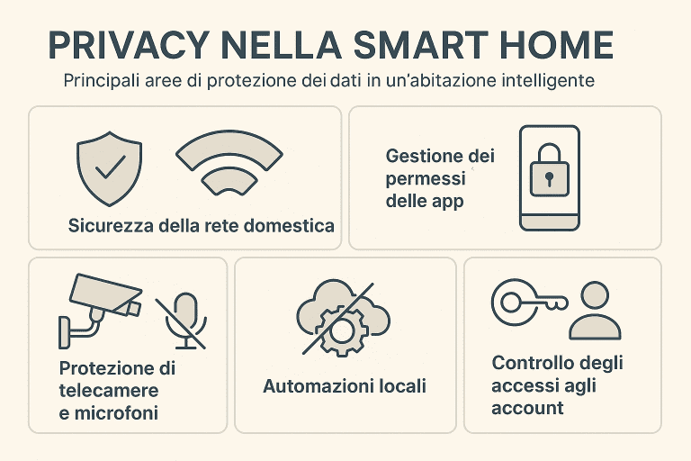 Infografica 1536×1024 in stile premium dai colori chiari intitolata “Privacy nella Smart Home”. Mostra le principali aree di protezione dei dati in una casa intelligente: sicurezza della rete domestica, gestione dei permessi delle app, protezione di telecamere e microfoni, automazioni locali per ridurre la dipendenza dal cloud e controllo degli accessi agli account. Design moderno, icone professionali e layout pulito orientato alla tutela della privacy.