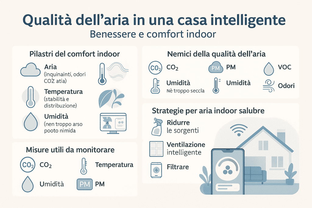 Infografica sulla qualità dell’aria in una casa intelligente che mostra ventilazione smart, controllo dell’umidità, ricambio d’aria automatico e benefici per il comfort e il benessere indoor.