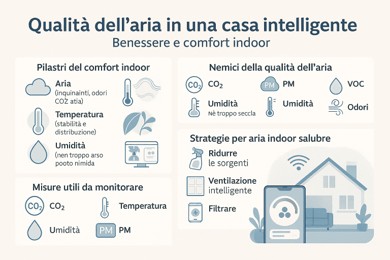 Infografica sulla qualità dell’aria in una casa intelligente che mostra ventilazione smart, controllo dell’umidità, ricambio d’aria automatico e benefici per il comfort e il benessere indoor.