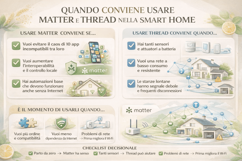 Infografica premium su quando conviene usare Matter e Thread nella smart home: confronto visivo tra Matter per interoperabilità e controllo locale e Thread per rete mesh a basso consumo, con esempi di utilizzo, scenari domestici e checklist decisionale finale.