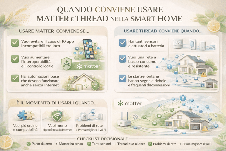 Infografica premium su quando conviene usare Matter e Thread nella smart home: confronto visivo tra Matter per interoperabilità e controllo locale e Thread per rete mesh a basso consumo, con esempi di utilizzo, scenari domestici e checklist decisionale finale.