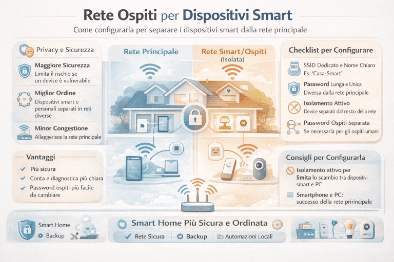 Infografica sulla rete ospiti per dispositivi smart che mostra la separazione tra rete principale e rete smart isolata, vantaggi di sicurezza e privacy, checklist di configurazione e schema di una smart home più sicura e ordinata.