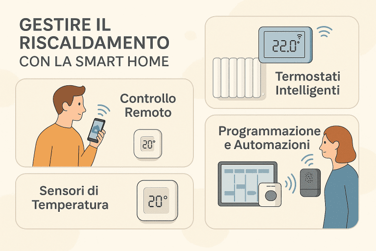 nfografica 1536×1024 in stile premium dai colori chiari, intitolata “Gestire il Riscaldamento con la Smart Home”. Mostra quattro elementi chiave della termoregolazione intelligente: controllo remoto tramite app, termostati intelligenti, sensori di temperatura e sistemi di programmazione e automazione. Design moderno con illustrazioni pulite e professionali.