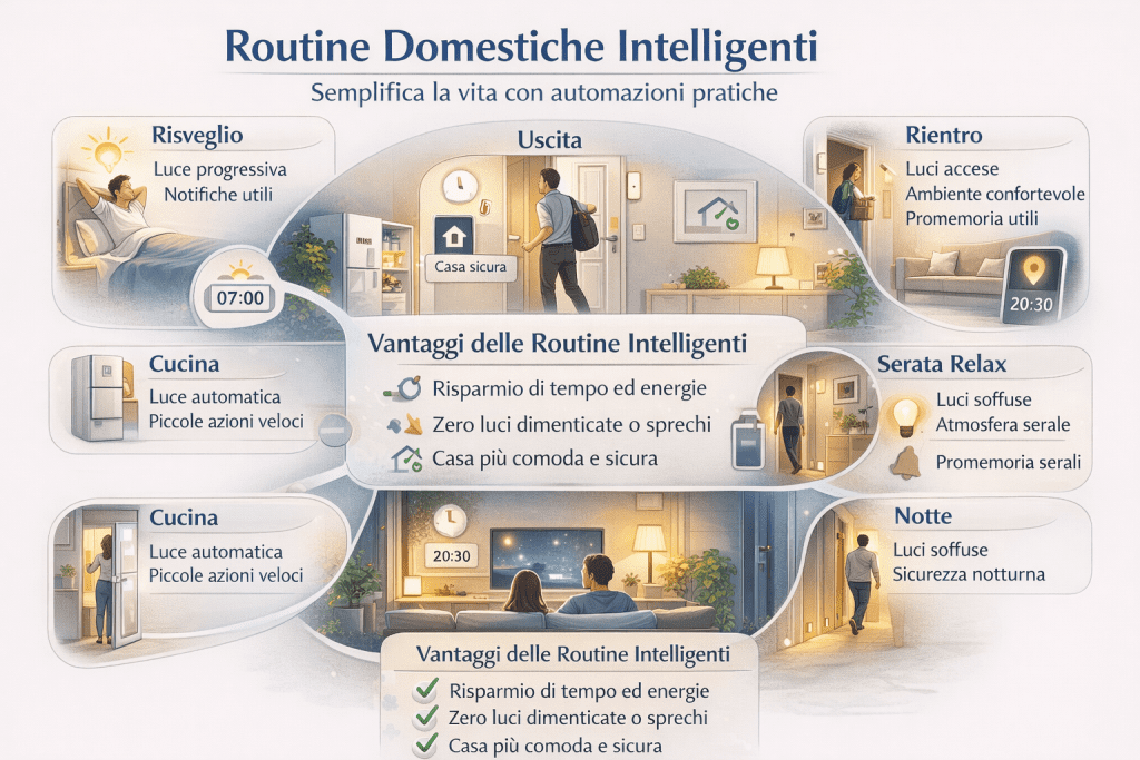 Infografica sulle routine domestiche intelligenti che mostra come automatizzare le attività quotidiane in casa per risparmiare tempo ed energie, con esempi di automazioni mattutine, serali e di gestione della casa in modo semplice e organizzato.