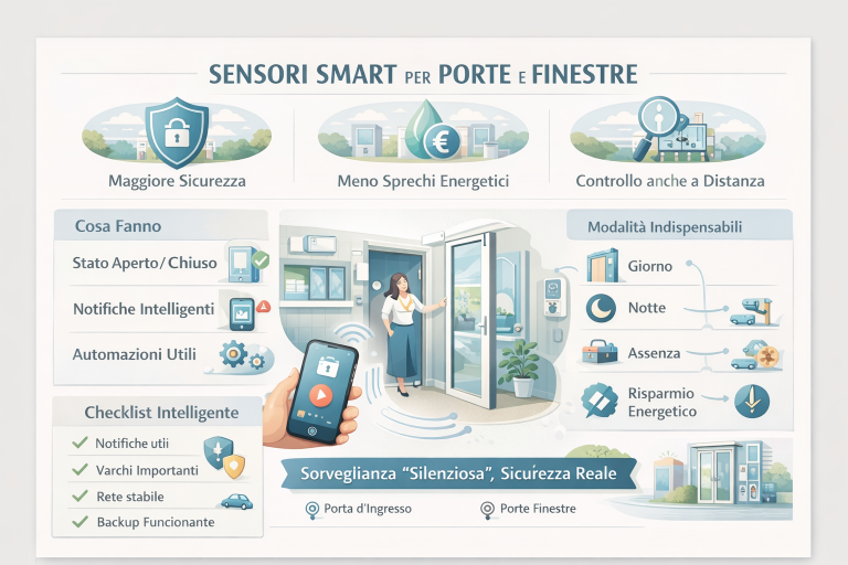 Infografica sui sensori smart per porte e finestre che mostra controllo apertura e chiusura, notifiche intelligenti, modalità giorno notte e assenza, risparmio energetico, sicurezza perimetrale e checklist per una smart home affidabile.