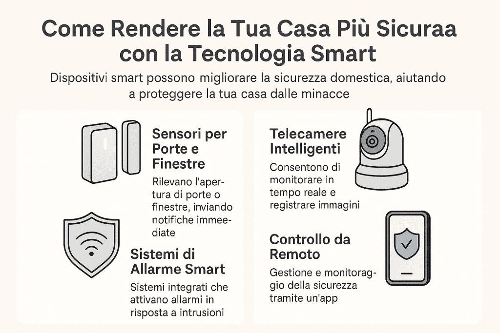 Infografica 1536×1024 in stile premium dai colori chiari intitolata “Come Rendere la Tua Casa Più Sicura con la Tecnologia Smart”. Mostra quattro elementi di sicurezza: sensori per porte e finestre, sistemi di allarme smart, telecamere intelligenti e controllo da remoto tramite app. Icone moderne e layout pulito, pensato per illustrare come migliorare la sicurezza domestica con dispositivi intelligenti.
