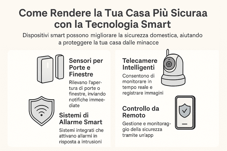 Infografica 1536×1024 in stile premium dai colori chiari intitolata “Come Rendere la Tua Casa Più Sicura con la Tecnologia Smart”. Mostra quattro elementi di sicurezza: sensori per porte e finestre, sistemi di allarme smart, telecamere intelligenti e controllo da remoto tramite app. Icone moderne e layout pulito, pensato per illustrare come migliorare la sicurezza domestica con dispositivi intelligenti.