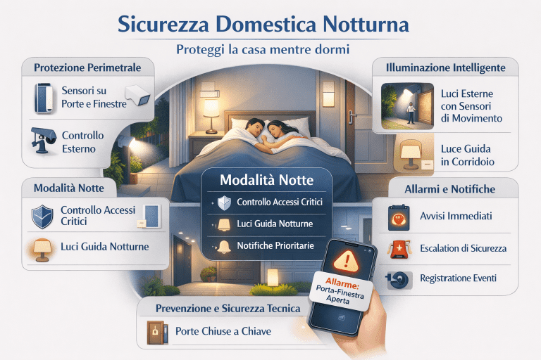 Infografica sulla sicurezza domestica notturna che mostra una casa protetta durante la notte con illuminazione esterna automatica, sensori su finestre e porte, controllo degli accessi e scenari di sicurezza attivi mentre la famiglia dorme.