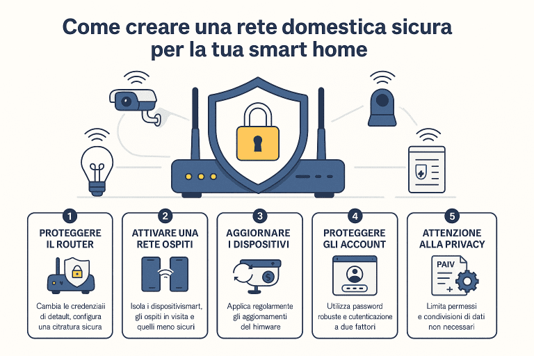 Infografica 1536×1024 in stile premium dai colori chiari intitolata “Come creare una rete domestica sicura per la tua smart home”. Mostra cinque step fondamentali: proteggere il router, attivare una rete ospiti, aggiornare i dispositivi, proteggere gli account e prestare attenzione alla privacy. Icone moderne, layout pulito e illustrazioni professionali rappresentano router, sensori e dispositivi smart collegati in rete.