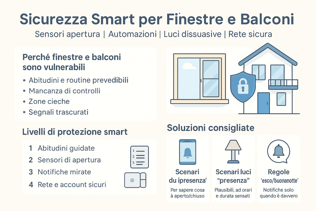 Infografica 1536×1024 in stile premium dai colori chiari intitolata “Sicurezza Smart per Finestre e Balconi”. L’immagine spiega perché finestre e balconi sono punti vulnerabili della casa e mostra livelli di protezione smart come sensori di apertura, notifiche mirate, automazioni di presenza e sicurezza di rete. Sono rappresentate soluzioni consigliate come scenari di presenza, luci dissuasive e regole automatiche giorno/notte. Design pulito, icone moderne e layout professionale.
