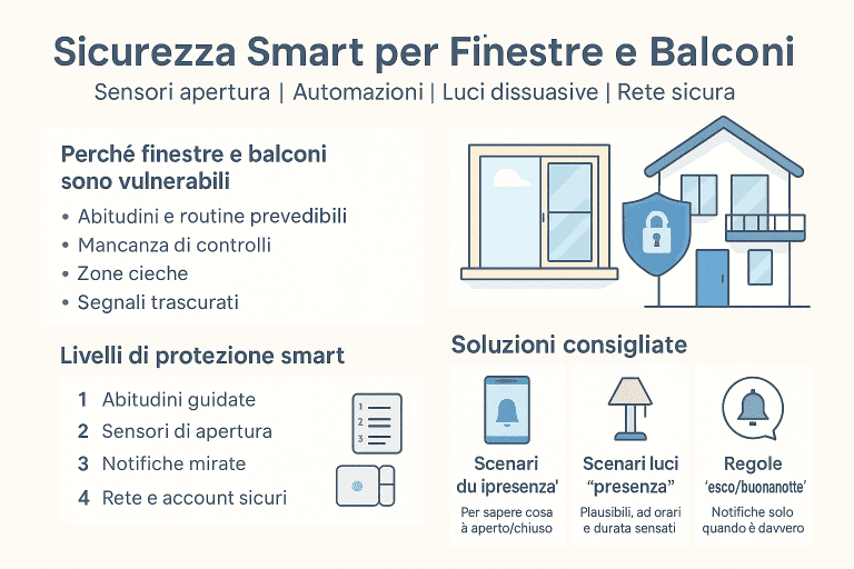 Infografica 1536×1024 in stile premium dai colori chiari intitolata “Sicurezza Smart per Finestre e Balconi”. L’immagine spiega perché finestre e balconi sono punti vulnerabili della casa e mostra livelli di protezione smart come sensori di apertura, notifiche mirate, automazioni di presenza e sicurezza di rete. Sono rappresentate soluzioni consigliate come scenari di presenza, luci dissuasive e regole automatiche giorno/notte. Design pulito, icone moderne e layout professionale.