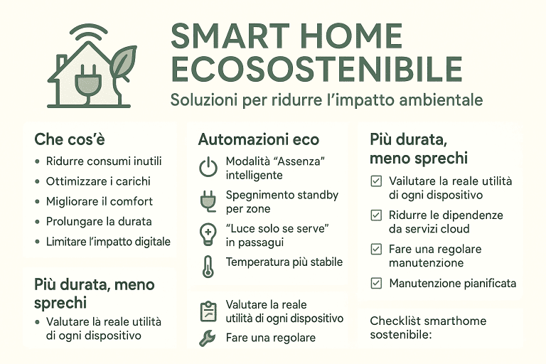 Infografica 1536×1024 in stile premium dai colori chiari intitolata “Smart Home Ecosostenibile – Soluzioni per ridurre l’impatto ambientale”. L’immagine mostra come una casa intelligente possa ridurre sprechi e consumi attraverso automazioni eco, modalità assenza intelligente, spegnimento dello standby per zone, illuminazione attivata solo quando serve, gestione più stabile della temperatura e manutenzione programmata dei dispositivi. Layout moderno con icone verdi e design pulito orientato alla sostenibilità domestica.