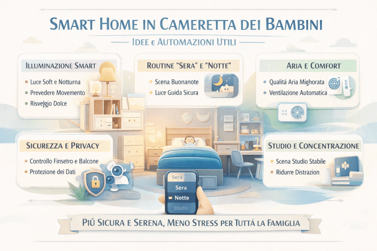 Infografica premium sulla smart home in cameretta dei bambini con illuminazione intelligente, routine sera e notte, luce guida sicura, qualità dell’aria e ventilazione automatica, sicurezza e privacy dei dati, scene studio per concentrazione e automazioni pensate per il benessere e la serenità dei bambini e della famiglia.