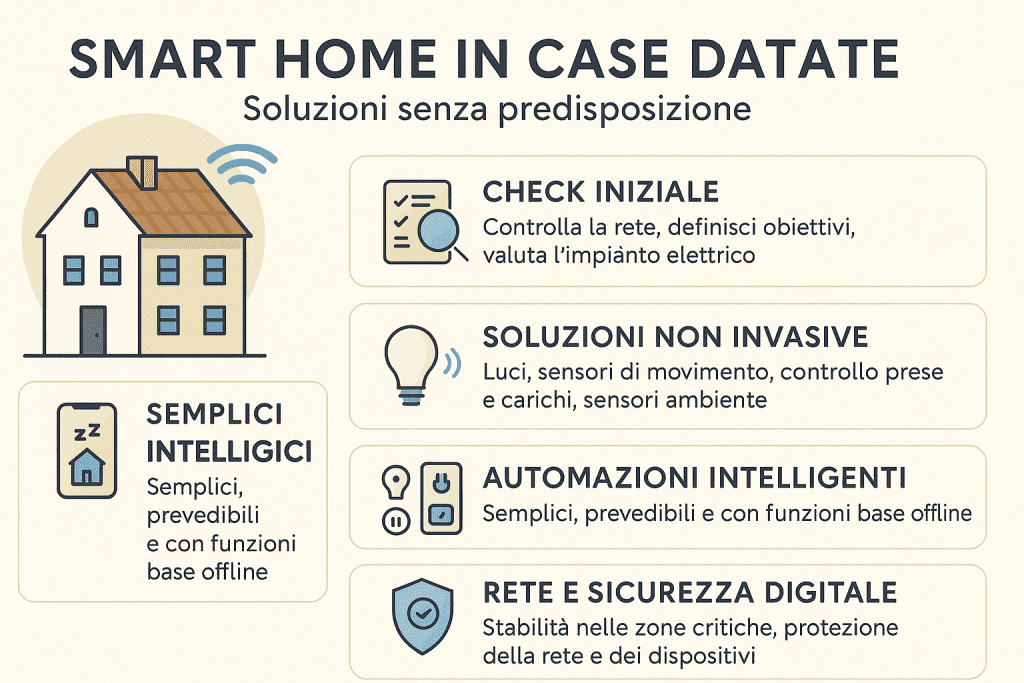 Infografica sulla smart home in case datate che mostra soluzioni non invasive per integrare dispositivi intelligenti in abitazioni vecchie o non predisposte, con focus su check iniziale dell’impianto, automazioni semplici, controllo luci e sicurezza della rete domestica.