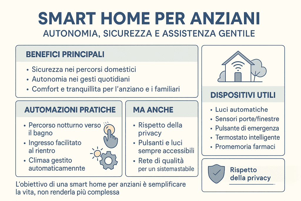 Infografica 1536×1024 in stile premium dai colori chiari intitolata “Smart Home per Anziani”. Illustra come una casa intelligente può migliorare autonomia e sicurezza delle persone anziane attraverso illuminazione automatica, pulsanti di emergenza, controllo del riscaldamento, promemoria quotidiani e percorsi notturni sicuri. Design moderno con icone professionali e layout chiaro, pensato per l’assistenza e il comfort domestico.