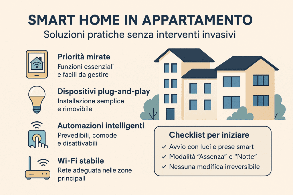 Infografica 1536×1024 in stile premium dai colori chiari intitolata “Smart Home in Appartamento – Soluzioni pratiche senza interventi invasivi”. L’immagine illustra un edificio residenziale e quattro pilastri della smart home per appartamenti: priorità mirate con funzioni essenziali, dispositivi smart plug-and-play facili da installare e rimuovere, automazioni intelligenti semplici e disattivabili, e una rete Wi-Fi stabile nelle zone principali. Include una checklist iniziale con luci e prese smart, modalità assenza e notte, e assenza di modifiche irreversibili.