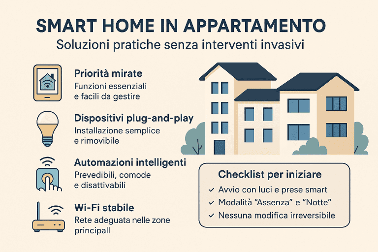 Infografica 1536×1024 in stile premium dai colori chiari intitolata “Smart Home in Appartamento – Soluzioni pratiche senza interventi invasivi”. L’immagine illustra un edificio residenziale e quattro pilastri della smart home per appartamenti: priorità mirate con funzioni essenziali, dispositivi smart plug-and-play facili da installare e rimuovere, automazioni intelligenti semplici e disattivabili, e una rete Wi-Fi stabile nelle zone principali. Include una checklist iniziale con luci e prese smart, modalità assenza e notte, e assenza di modifiche irreversibili.