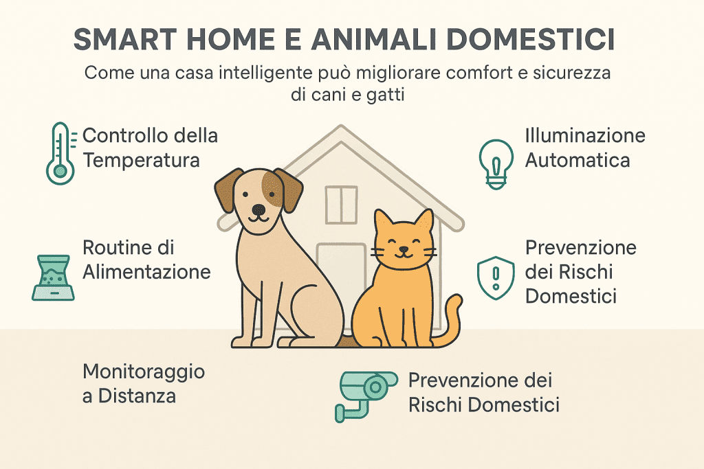 Infografica 1536×1024 in stile premium dai colori chiari intitolata “Smart Home e Animali Domestici”. Mostra come una casa intelligente può migliorare comfort e sicurezza di cani e gatti attraverso automazioni quotidiane: controllo della temperatura, illuminazione automatica, routine di alimentazione, monitoraggio a distanza e prevenzione dei rischi domestici. Design moderno, icone professionali e layout pulito pensato per il benessere degli animali in casa.