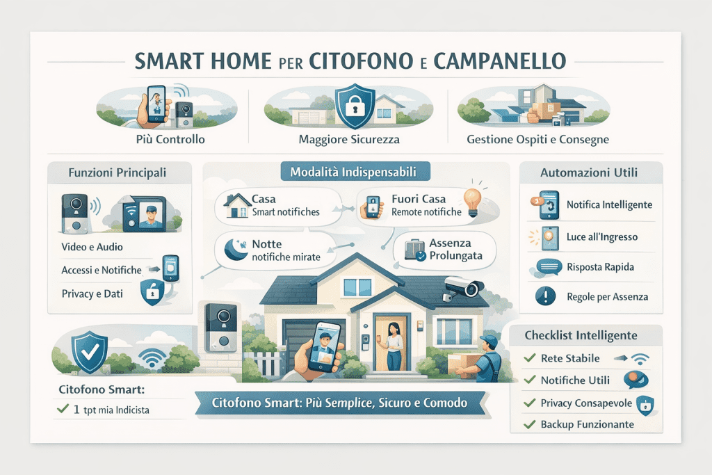 Infografica sulla smart home per citofono e campanello che mostra funzioni principali, modalità casa e fuori casa, automazioni utili, gestione di ospiti e consegne, sicurezza, privacy e checklist per un ingresso domestico intelligente e affidabile.