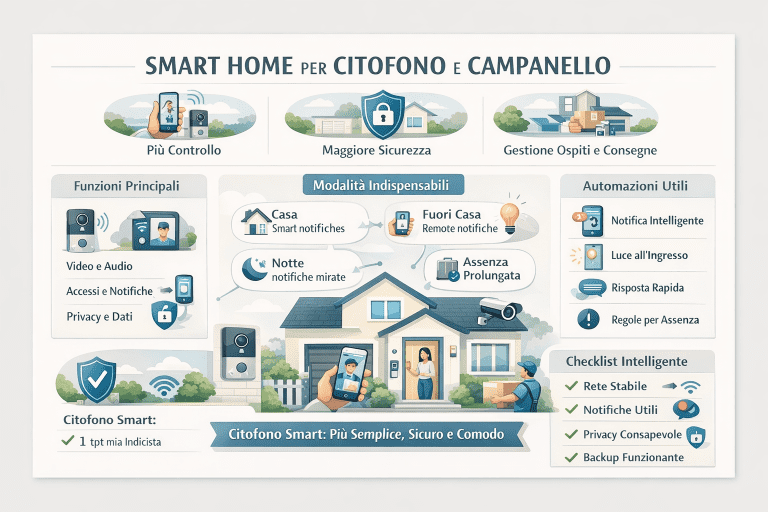 Infografica sulla smart home per citofono e campanello che mostra funzioni principali, modalità casa e fuori casa, automazioni utili, gestione di ospiti e consegne, sicurezza, privacy e checklist per un ingresso domestico intelligente e affidabile.