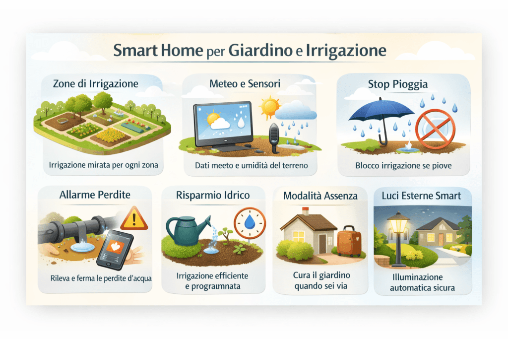 Infografica premium sulla smart home per giardino e irrigazione con gestione a zone, sensori meteo e umidità del terreno, stop automatico in caso di pioggia, allarme perdite d’acqua, risparmio idrico programmato, modalità assenza per irrigare quando sei via e illuminazione esterna smart per sicurezza e comfort.