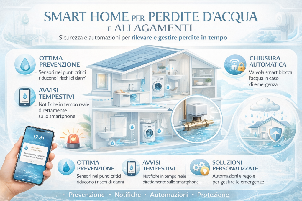Infografica premium sulla smart home per perdite d’acqua e allagamenti: sezione di una casa con sensori acqua in cucina, bagno e lavanderia, notifiche di allarme su smartphone, valvola di chiusura automatica dell’acqua e automazioni per prevenire danni e allagamenti.