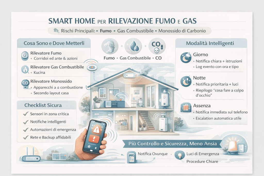 Infografica sulla smart home per rilevazione fumo e gas che illustra sensori per fumo, gas combustibile e monossido di carbonio, corretto posizionamento in casa, modalità giorno notte e assenza, notifiche intelligenti, automazioni di emergenza e checklist di sicurezza domestica.