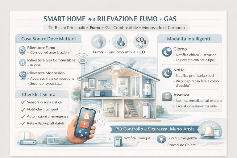 Infografica sulla smart home per rilevazione fumo e gas che illustra sensori per fumo, gas combustibile e monossido di carbonio, corretto posizionamento in casa, modalità giorno notte e assenza, notifiche intelligenti, automazioni di emergenza e checklist di sicurezza domestica.