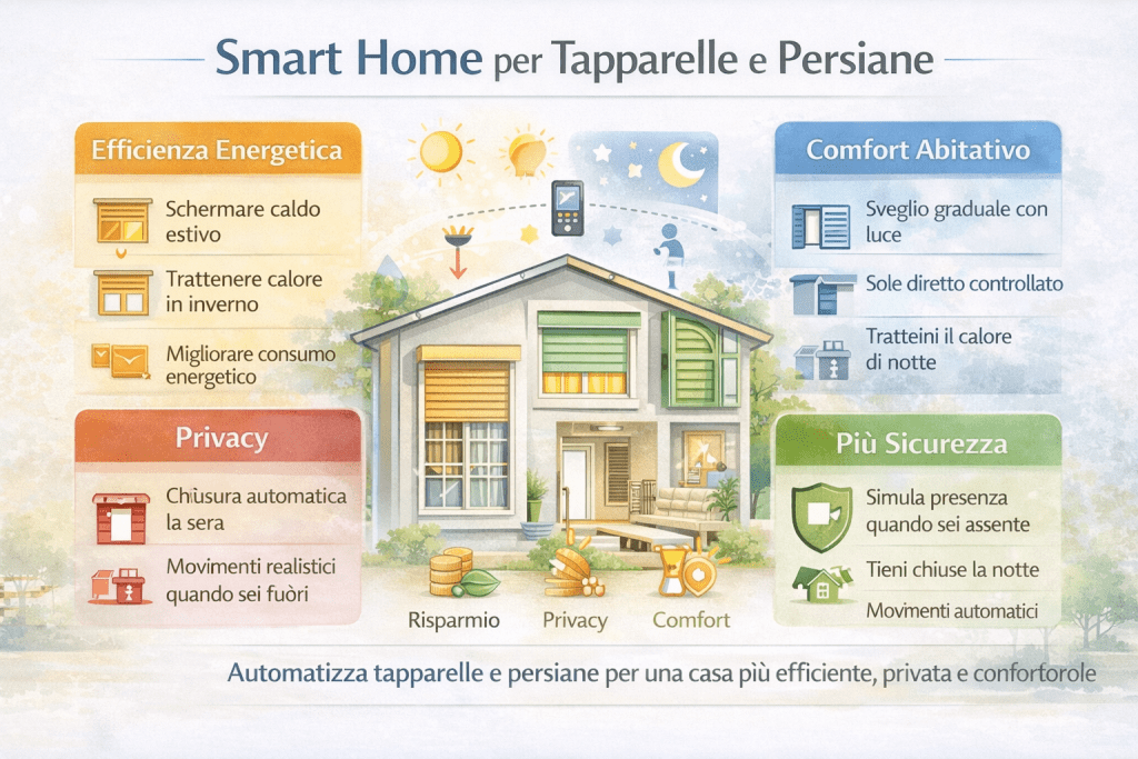 Illustrazione infografica in stile premium che mostra una smart home con tapparelle e persiane automatizzate: apertura e chiusura programmata in base a luce solare, orari e presenza, evidenziando comfort, sicurezza ed efficienza energetica.