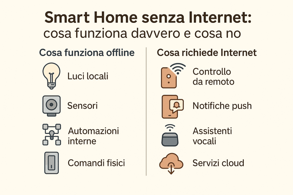 Infografica 1536×1024 in stile premium dai colori chiari intitolata “Smart Home senza Internet: cosa funziona davvero e cosa no”. Mostra il confronto tra funzioni smart che continuano a funzionare offline (luci locali, sensori, automazioni interne, comandi fisici) e funzioni che richiedono Internet (controllo da remoto, notifiche push, assistenti vocali, servizi cloud). Design moderno, icone professionali e layout pulito orientato alla resilienza della smart home.