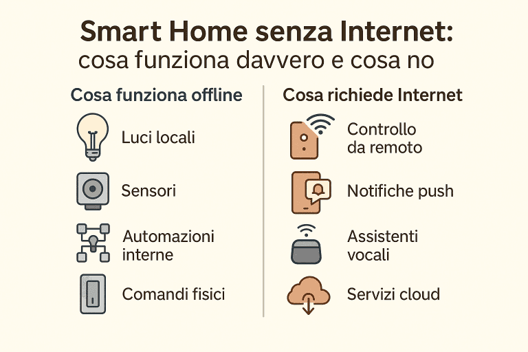 Infografica 1536×1024 in stile premium dai colori chiari intitolata “Smart Home senza Internet: cosa funziona davvero e cosa no”. Mostra il confronto tra funzioni smart che continuano a funzionare offline (luci locali, sensori, automazioni interne, comandi fisici) e funzioni che richiedono Internet (controllo da remoto, notifiche push, assistenti vocali, servizi cloud). Design moderno, icone professionali e layout pulito orientato alla resilienza della smart home.