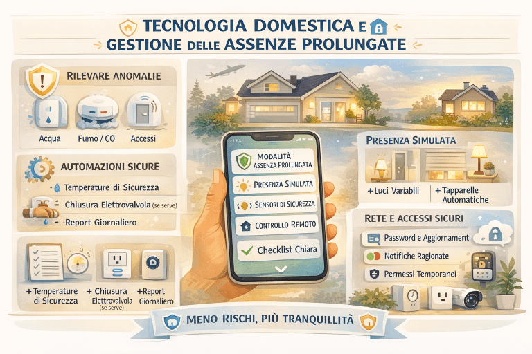 Infografica sulla tecnologia domestica per la gestione delle assenze prolungate: monitoraggio della casa da remoto, controllo della sicurezza, gestione dei consumi, automazioni intelligenti e mantenimento del comfort abitativo durante lunghi periodi di assenza.