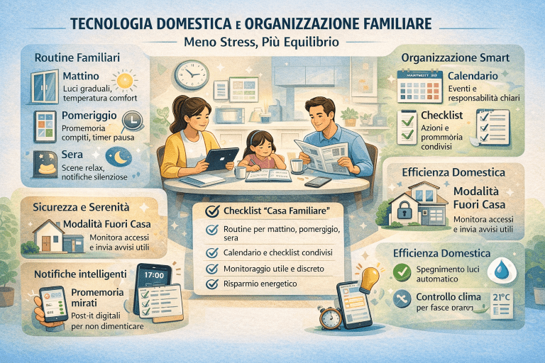 Infografica in stile premium con colori chiari che illustra come la tecnologia domestica migliora l’organizzazione familiare, mostrando calendario condiviso, routine familiari, gestione delle attività quotidiane, coordinamento degli orari e riduzione dello stress in casa.
